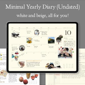 May include: A white and beige undated yearly diary with a minimalist design. The diary has a calendar spread with a few photos and handwritten notes. The calendar page shows the month of October with the number 10 highlighted. The diary also has a blank page with a grid pattern.