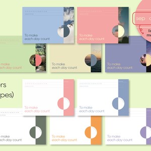 May include: Ten different cover designs for a planner or journal. Each cover features a different color and a circle with a half-circle cut out. The text "To make each day count" appears on each cover. The text "Covers (10 types)" appears at the bottom left of the image. The text "sep oct nov c links to each monthly page!" appears in the top right corner of the image.