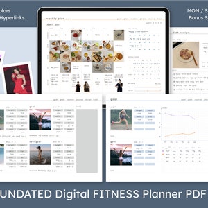 Op de afbeelding: Een digitale fitnessplanner PDF met een wekelijks voedingsschema, een dieetrecept en een fitness tracker. De planner bevat een sectie voor de laatste controle met een sectie voor start, doel en volgend doel. De planner is niet gedateerd en heeft hyperlinks op alle pagina's.
