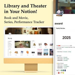 Könnte beinhalten: Ein Computerbildschirm zeigt eine Notion-Vorlage zur Verfolgung von Büchern, Filmen und Serien. Der Text "Library and Theater in Your Notion!" steht oben. Der Bildschirm zeigt eine Jahresübersicht mit Buchstatistiken und dem Jahr 2025.