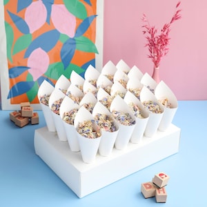 Cones de confete branco com suporte para cones de confete | 24 cones de confete e confetes biodegradáveis (2 litros) Confete de casamento, decorações de casamento
