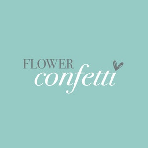 May include: A light blue background with the text "FLOWER confetti" in white cursive font and a small gray heart.