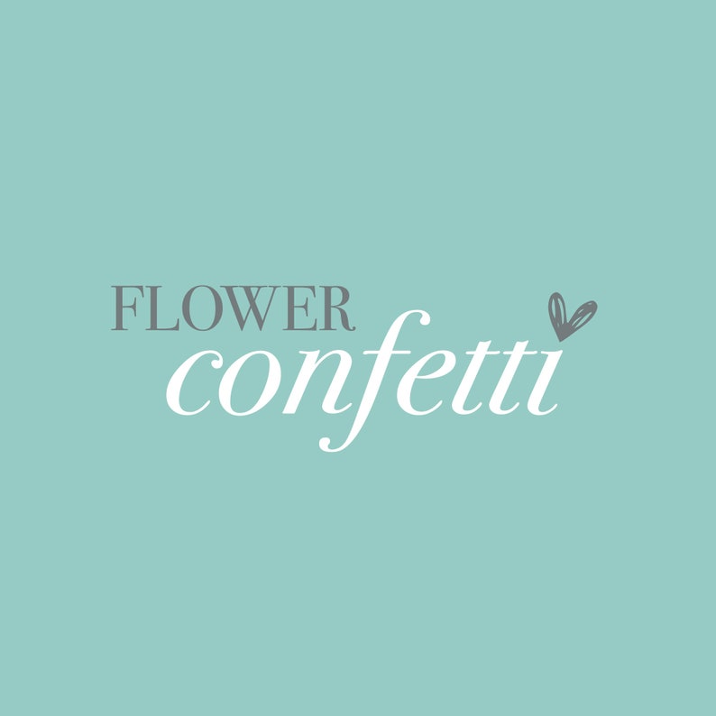 May include: A light blue background with the text "FLOWER confetti" in white cursive font and a small gray heart.