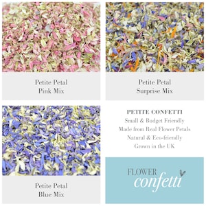 May include: Assortment of dried flower petals in pink, blue, and a mix of colors. Petite Petal confetti is small and budget friendly, made from real flower petals, natural and eco-friendly, grown in the UK.