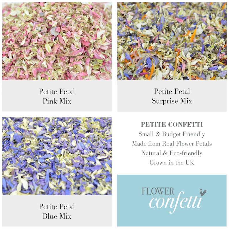 May include: Assortment of dried flower petals in pink, blue, and a mix of colors. Petite Petal confetti is small and budget friendly, made from real flower petals, natural and eco-friendly, grown in the UK.