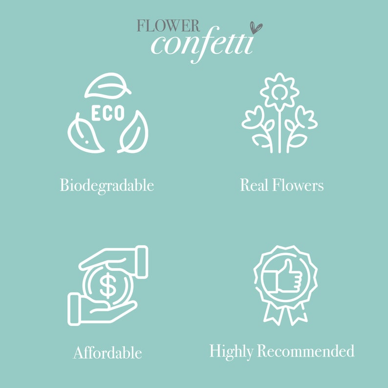 May include: A graphic with four white icons on a light blue background. The icons represent the benefits of using flower confetti. The first icon is a recycling symbol with the word "ECO" inside. The text below the icon reads "Biodegradable". The second icon is a flower with a stem and leaves. The text below the icon reads "Real Flowers". The third icon is two hands holding a dollar sign. The text below the icon reads "Affordable". The fourth icon is a thumbs up inside a circle with a ribbon. The text below the icon reads "Highly Recommended".