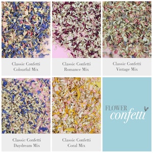 May include: Assortment of dried flower confetti in various colors, including pink, blue, white, and yellow. The confetti is arranged in six squares, each with a different color combination. The text "Classic Confetti" and the name of each mix is below each square. The text "FLOWER confetti" is in the bottom right corner.