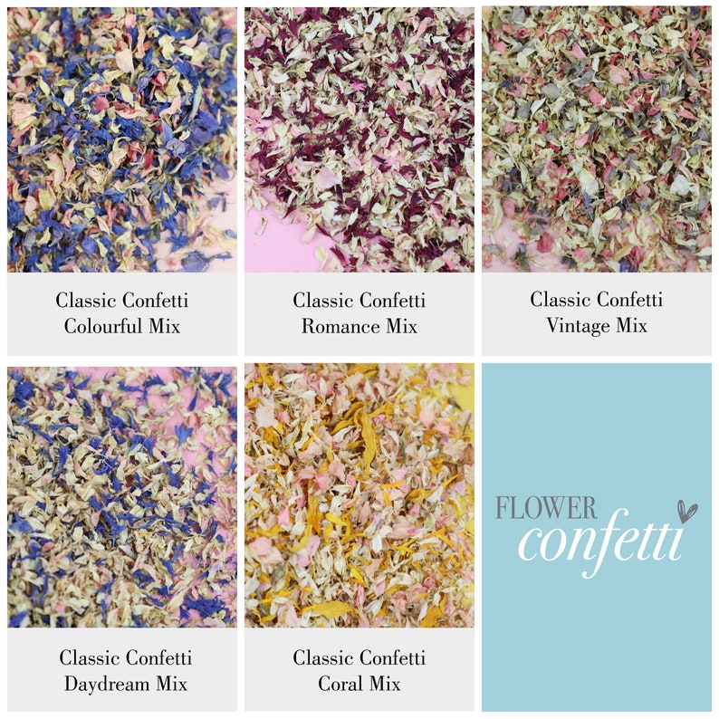 May include: Assortment of dried flower confetti in various colors, including pink, blue, white, and yellow. The confetti is arranged in six squares, each with a different color combination. The text "Classic Confetti" and the name of each mix is below each square. The text "FLOWER confetti" is in the bottom right corner.