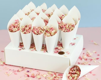 Könnte beinhalten: Eine weiße Pappschachtel mit mehreren weißen Papierkegeln, die mit getrockneten rosa, weißen und cremefarbenen Blütenblättern gefüllt sind. Ein weiterer Kegel mit denselben getrockneten Blütenblättern liegt vor der Schachtel, umgeben von verstreuten Blütenblättern.