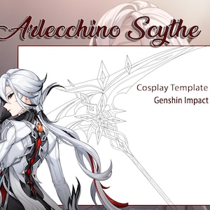 Può includere: Disegno a linea di un personaggio del videogioco Genshin Impact, Arlecchino, che tiene una grande falce. La falce è dettagliata con disegni intricati e il testo "Cosplay Template Genshin Impact" è scritto nell'angolo in basso a destra.