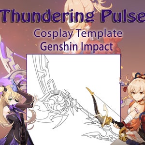 May include: A black and white line drawing of a bow and arrow weapon called "Thunderering Pulse" from the video game Genshin Impact. The drawing is labeled "Cosplay Template".