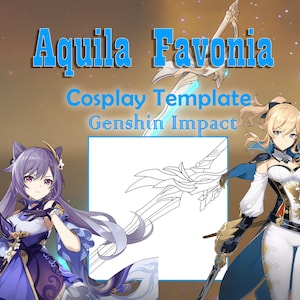 Puede incluir: Una plantilla de cosplay para la espada "Aquila Favonia" del videojuego Genshin Impact. La plantilla es un dibujo a línea de la espada, con un personaje morado y azul del juego en el fondo.