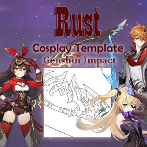 May include: A printable cosplay template for the Rust weapon from the video game Genshin Impact. The template is a line drawing of the weapon, with a white background.
