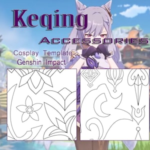 Puede incluir: Patrones de arte de línea en blanco y negro para accesorios de cosplay. Los patrones son para el personaje Keqing del videojuego Genshin Impact. El texto "Keqing Accessories" y "Cosplay Template Genshin Impact" está incluido en la imagen.