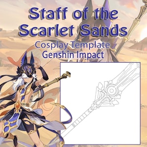 May include: A black and white line drawing of a staff weapon with a large, ornate head. The staff is called "Staff of the Scarlet Sands" and is a cosplay template for the video game Genshin Impact.