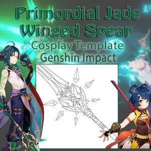 May include: A black and white line drawing of a spear with a jade-like design. The spear is called "Primordial Jade Winged Spear" and is a cosplay template for the video game Genshin Impact.