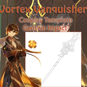 Puede incluir: Un dibujo de línea de una lanza con un diseño decorativo. La lanza está etiquetada como "Vortex Vanquisher" y "Genshin Impact" en la imagen. La imagen es una plantilla de cosplay.