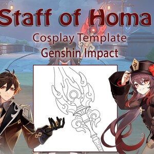 Puede incluir: Un dibujo en blanco y negro de un arma de bastón con una cabeza grande y adornada. El bastón está etiquetado como "Staff of Homa" y "Genshin Impact Cosplay Template".