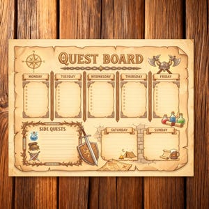 Könnte beinhalten: Ein "Quest Board" im Pergamentstil mit einer Windrose, Äxten sowie Schwert und Schild. Die Tafel ist in Abschnitte für jeden Wochentag unterteilt, mit Platz für Notizen und Nebenquests. Der Hintergrund ist eine Holzoberfläche.