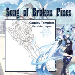 Könnte beinhalten: Eine Schwarzweiß-Zeichnung eines Schwertes mit komplizierten Details. Das Schwert ist mit "Cosplay Template Genshin Impact" beschriftet und von einem blauen und weißen Hintergrund mit Schneeflocken umgeben. Der Text "Song of Broken Pines" befindet sich oben im Bild.