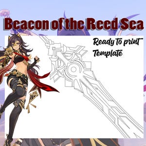 Può includere: Un modello stampabile di una spada chiamata "Beacon of the Reed Sea". La spada è un disegno a linea dettagliato con disegni intricati.