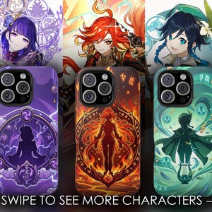 May include: Three smartphone cases featuring anime-style character silhouettes. The left case is purple with lightning motifs, the center is orange with fire patterns, and the right is teal with musical elements. Text at the bottom reads: SWIPE TO SEE MORE CHARACTERS →