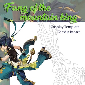 May include: A black and white line drawing of a character from the video game Genshin Impact. The character is holding a sword and is in a fighting pose. The text "Cosplay Template Genshin Impact" is written above the character.