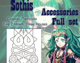 Puede incluir: Una plantilla imprimible para un disfraz de cosplay de Sothis del videojuego Fire Emblem: Three Houses. La plantilla incluye un diseño para un tocado y un símbolo.