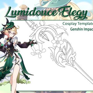 Może przedstawiać: Czarno-biały rysunek broni z gry Genshin Impact. Broń nazywa się "Lumidouce Elegy" i jest szablonem cosplay. Rysunek znajduje się na białym tle.