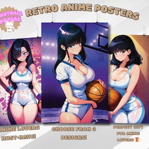 Basketball Waifu Anime Girl Poster, Retro Waifu Anime Poster – Aesthetic Basketball Black Hair Anime Girl, Vintage Anime White Waifu Girl.