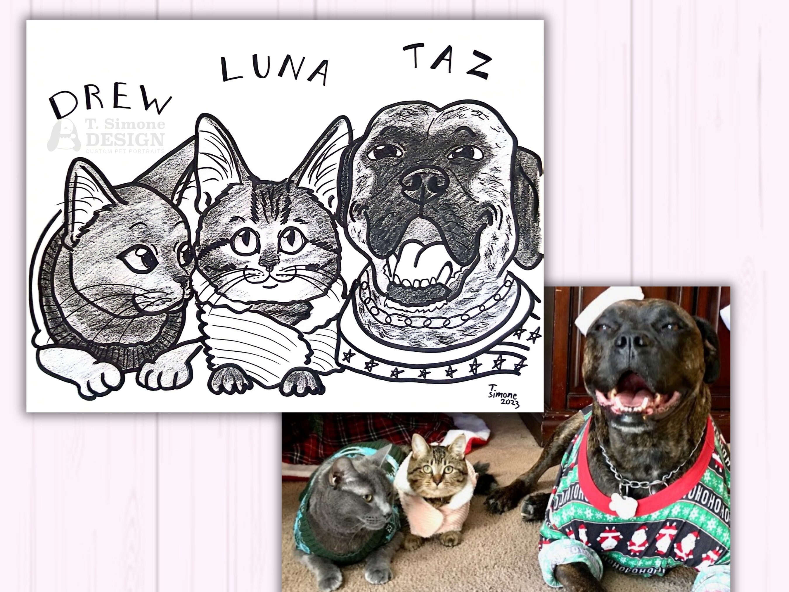 CUSTOM PET CARICATURE Portrait Dog Cat Drawing Gift Wall Art Made to ...