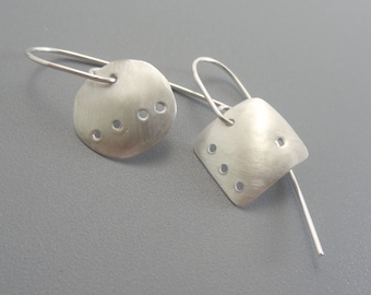 Mismatched Asymmetric Brushed Silver Discs, Modernist Unique Jewelry Gift, Edgy Contemporary Hole Punched Earrings, Hypoallergenic SS, USA