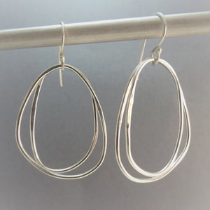 Sterling Silver Double Hoop Modern Contemporary Hammered Earrings, Dangle Drop Art Deco Boho Hoops, Hypoallergenic Argentium SS 935 USA Made