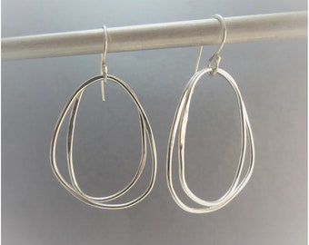 Sterling Silver Double Hoop Modern Contemporary Hammered Earrings, Dangle Drop Art Deco Boho Hoops, Hypoallergenic Argentium SS 935 USA Made