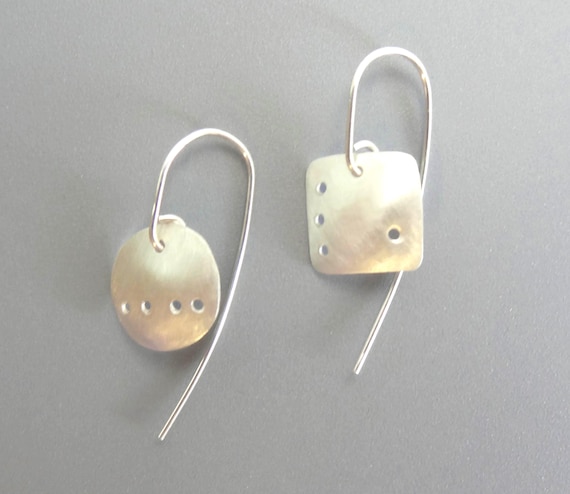 Mismatched Brushed Silver Discs: Modernist Assymetric Hole Punched Earrings, Hypoallergenic Argentium 940, USA Made