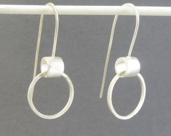 Brushed Silver Tiny Hoop Earrings, Cool Contemporary Unique Jewelry Gift, Modernist Unusual Earrings, Hypoallergenic SS 940 Metal, USA Made