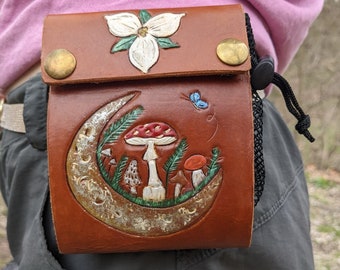 Custom Leather Mushroom and Plant Foraging Bag, Fold-up Belt Bag w/ Carabiner + Mesh Bag-  hand carved, custom, amanita/morel/bolete