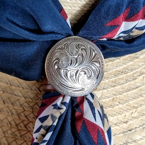 Antique Silver Engraved Bandana Slide, Wildrag Slide, Concho, Genuine Leather