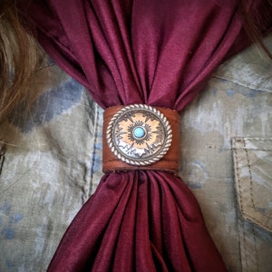 Turquoise and Silver Concho Wildrag Slide, Bandana Slide, Genuine Leather