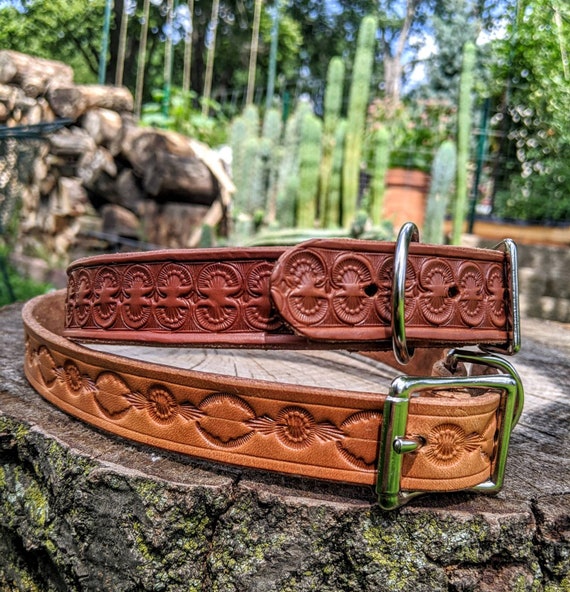 Custom Leather Dog Collar, Stamped Vegetable Tan Leather, Handmade, Personalized Gift