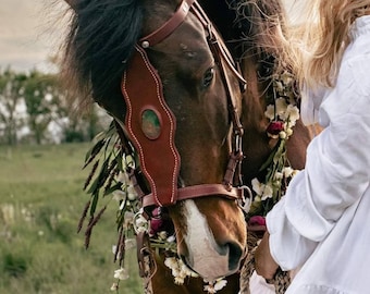 Fantasy Headpiece for Bridles, Chamfron, Side-pulls, Browband, Noseband. Genuine Leather and Cabochon Stone- Weddings, Photoshoots, Parade