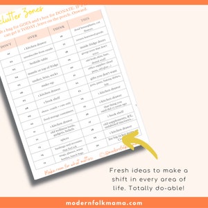 May include: A printable checklist with the title "Clutter Zones" and a list of items to donate, think about, or get rid of. The list is divided into three categories: Don't, Over, and Think. The checklist is a helpful tool for decluttering your home.