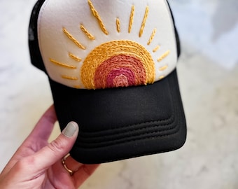 Sunshine Trucker Hat, Hand Embroidered Trucker, Stitched Sun Hat, Mountain Mama Hat, Lake Life Hat