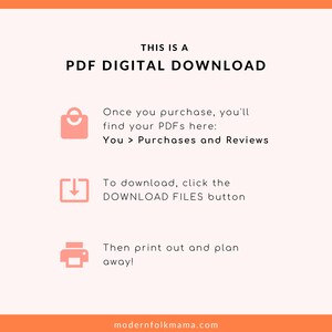 May include: A pink graphic with white text that says "This is a PDF Digital Download". The graphic also includes three icons: a shopping bag, a download arrow, and a printer. The text below the icons explains how to download and print the digital product.