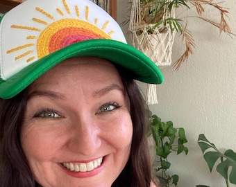 Sunshine Trucker Hat, Hand Embroidered Trucker, Stitched Sun Hat, Mountain Mama Hat, Lake Life Hat