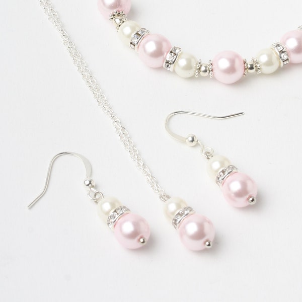 Pink Pearl Necklace and Earrings Set, Pink Bridesmaid Jewelry Set, Pink Wedding Jewelry Set,  Pink Pearl Junior Bridesmaid Jewelry Set