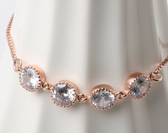 Rose gold Crystal bracelet, Zirconia bracelet, Bridesmaid bracelet Adjustable sliding clasp Bolo Bracelet Dainty bracelet, zirconia bracelet