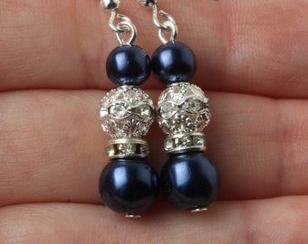 Navy Pearl Earrings, Pearl and Rhinestone Earrings, Navy Bridesmaids Earrings, Dark Blue Wedding Earrings, Navy Pearl Drop Earrings