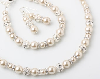 Braut-Champagner-Perlen-Schmuckset, Perlen- und Strass-Braut-Halskette, Ohrringe, Armband-Set, Champagner-Brautschmuck, Trauzeugin-Geschenk
