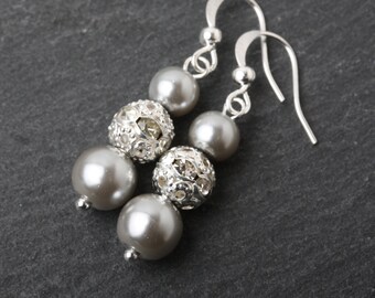 Grey Pearl Earrings, Pearl and Rhinestone Earrings, Grey Bridesmaids Earrings, Grey Wedding Earrings, Grey Pearl Drop Earrings